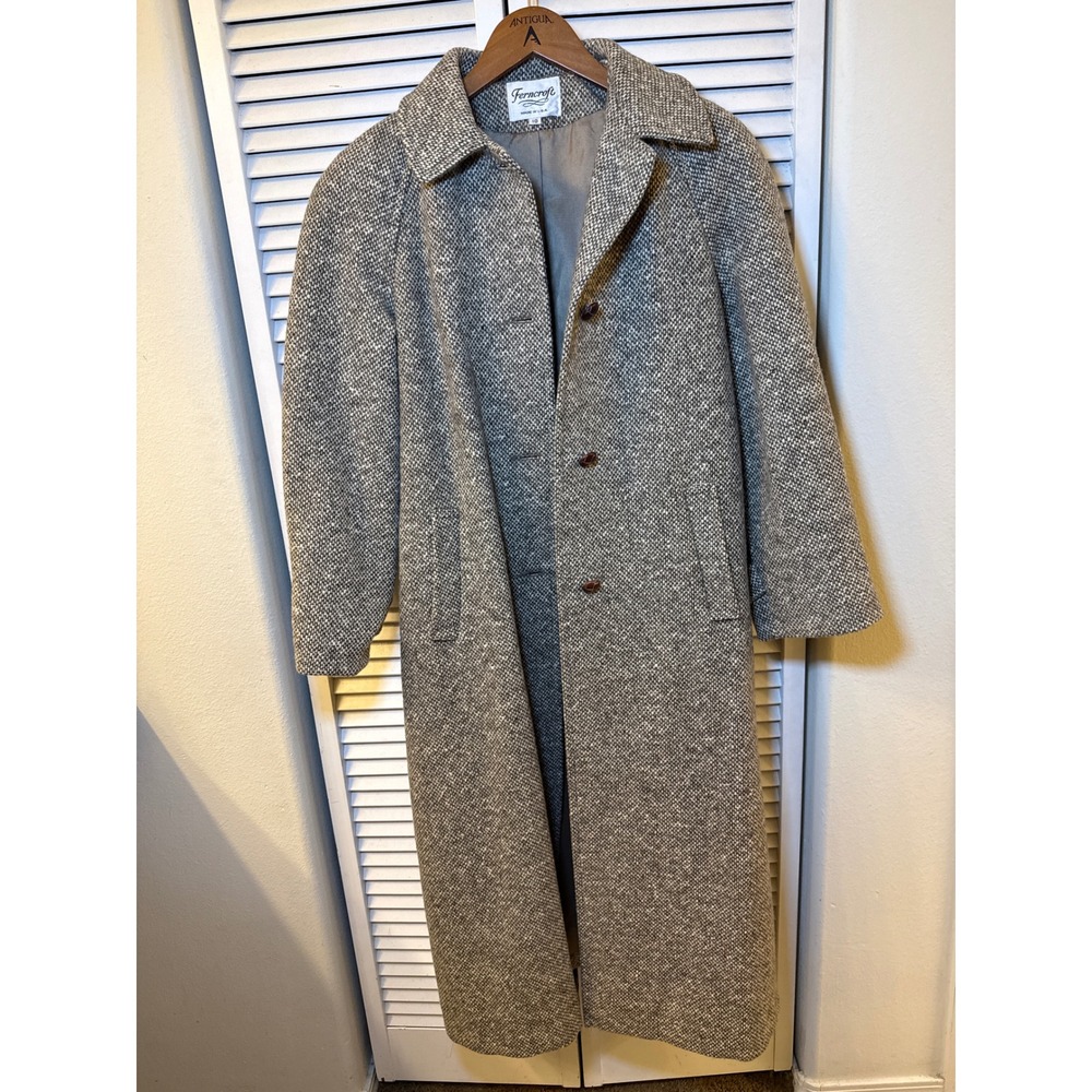 Ferncroft Vintage 100% Wool Tweed Long Overcoat Grey Salt Pepper Made in USA 10 - Picture 5 of 9